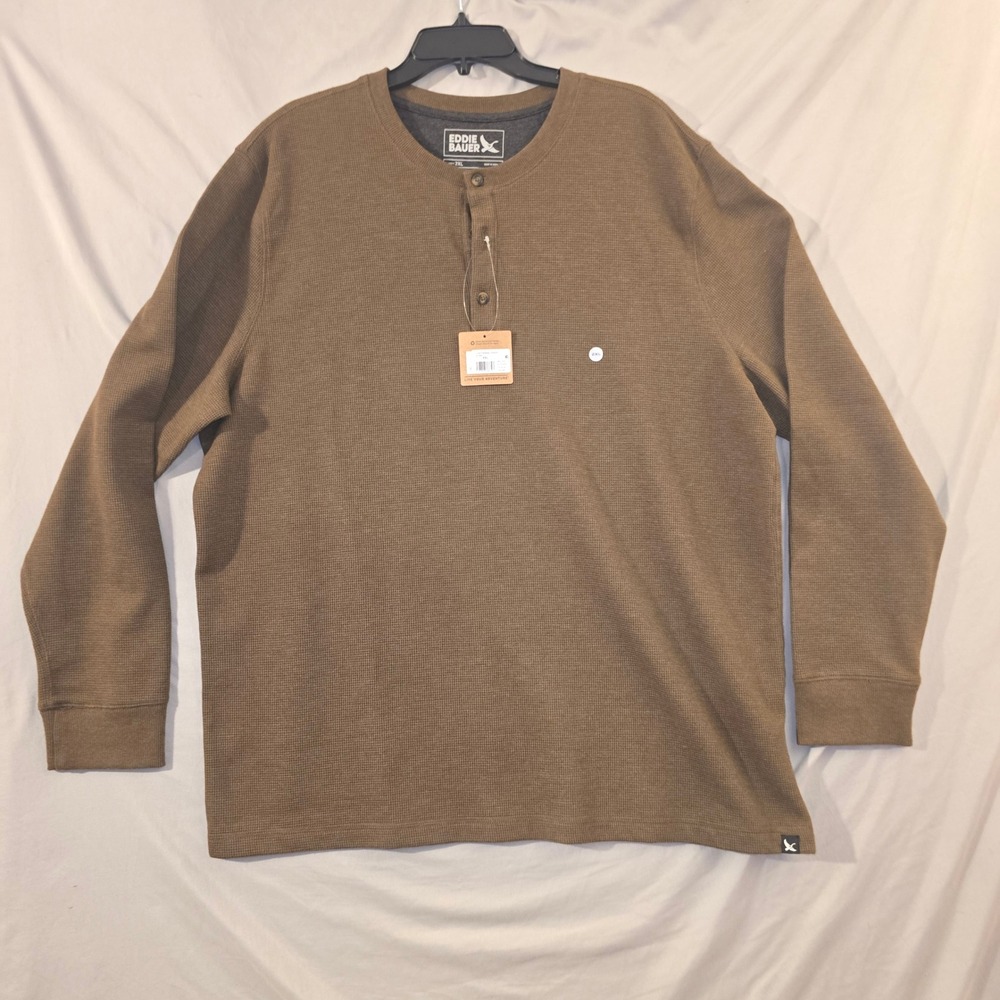 Eddie Bauer Thermal Henley 2XL Mens Brown Long Sleeve Waffle Knit Shirt NEW